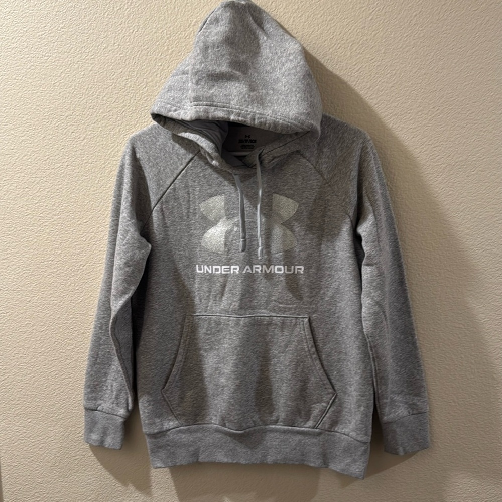 Under Armour Rival Big Gray Sparkle Glitter Pullover Hoodie Loose Fit XS Grey